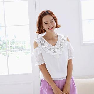 Lace-neck Cold-shoulder Blouse