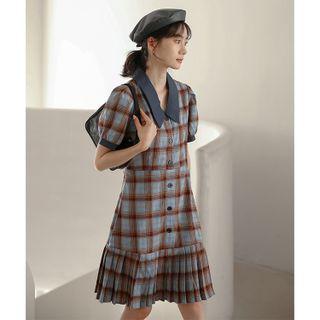 Puff-sleeve Plaid Pleated A-line Dress