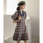 Puff-sleeve Plaid Pleated A-line Dress
