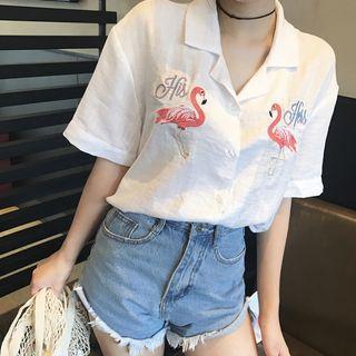 Flamingo Embroidered Short Sleeve Shirt