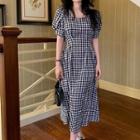 Bell-sleeve Plaid Maxi Dress Black & White - One Size