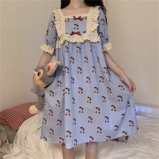 Elbow-sleeve Cherry Print Sleep Dress