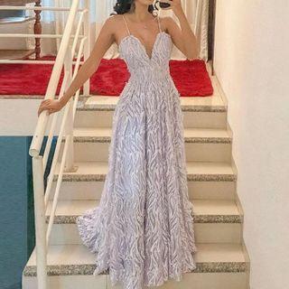 Spaghetti Strap Patterned Midi A-line Evening Gown