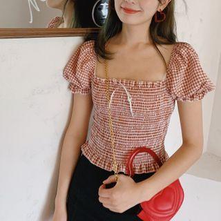 Gingham Puff-sleeve Smocked Cropped Top