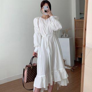 Long-sleeve Drawstring Midi A-line Dress White - One Size