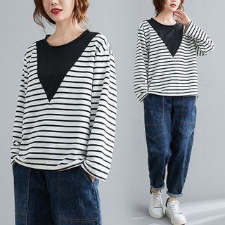Long-sleeve Drawstring Striped Panel Top Stripe - One Size