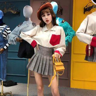 Set: Color Block Shirt + Plaid Pleated Skirt