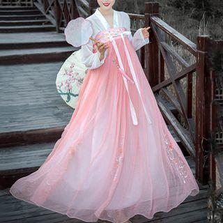 Hanfu Set Of 3 : Embroidered Long-sleeve Long Coat + Long-sleeve Top + Embroidered Chest-full Maxi Skirt