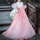 Hanfu Set Of 3 : Embroidered Long-sleeve Long Coat + Long-sleeve Top + Embroidered Chest-full Maxi Skirt