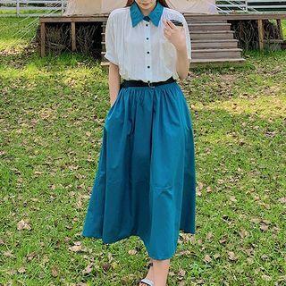 Contrast Collar Mock Two-piece Midi A-line Dress