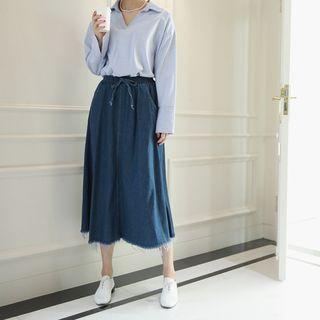 Drawstring-waist Denim Flare Skirt
