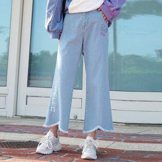 Embroidered Fringed Trim Cropped Wide-leg Jeans