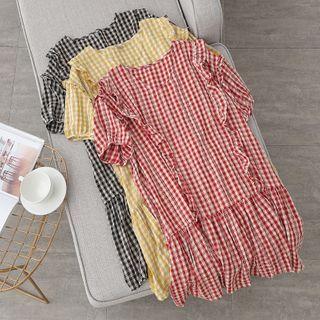 Short-sleeve Ruffle-trim Plaid Dress