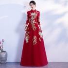 Elbow-sleeve Floral Applique A-line Bridal Qipao Dress