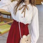 Bow Accent Blouse / High Waist Midi A-line Skirt