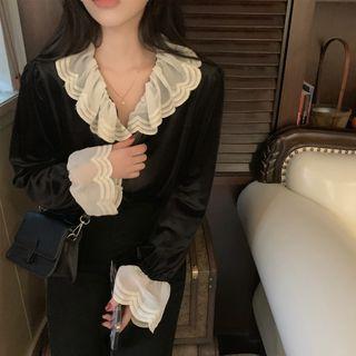 Lace Panel Contrast Trim Velvet Blouse Black - One Size