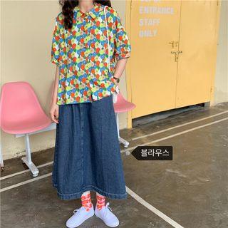 Elbow-sleeve Floral Print Blouse As Shown In Figure - One Size