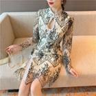 Mandarin Collar Cutout Lace Mini Bodycon Dress