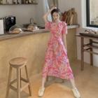Color-block V-neck Short-sleeve Dress As Figure - One Size