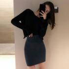 Long-sleeve Cropped Knit Top / Mini Knit Pencil Skirt