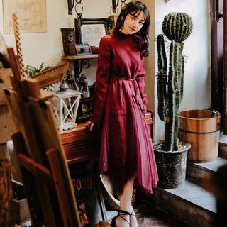 Set: Ribbed Long-sleeve Long Slit Sweater + Midi Mesh Overlay A-line Skirt
