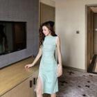 Traditional Chinese Sleeveless Lace Trim Slit Dress