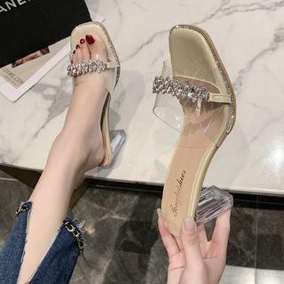 Chunky Heel Rhinestone Pvc Strap Slide Sandals