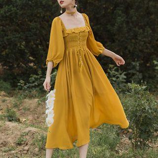 3/4-sleeve Lace-up Front Midi A-line Dress