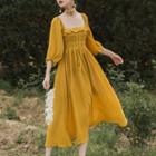 3/4-sleeve Lace-up Front Midi A-line Dress