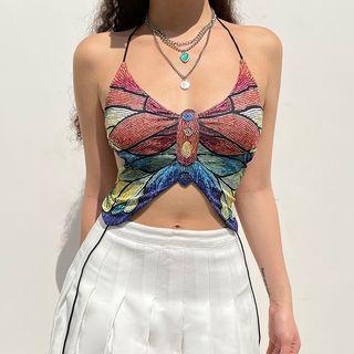 Halter Print Top Red & Yellow & Green & Blue - One Size