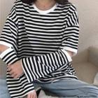 Long-sleeve Cutout Slit Striped T-shirt