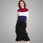 Set: Short-sleeve Color-block Knit Top + Ruffle-hem Pencil Skirt