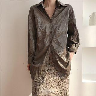 Loose-fit Long Sleeve Metallic Blouse Coffee - One Size