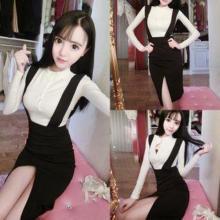 Set: Long-sleeve Blouse + Slit Suspender Skirt