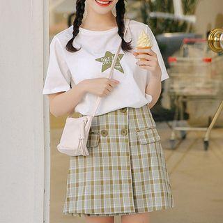 Set: Star Print Short-sleeve T-shirt + Plaid A-line Skirt