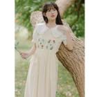 Short-sleeve Wide Collar Blouse / Embroidered Midi Overall Dress / Set