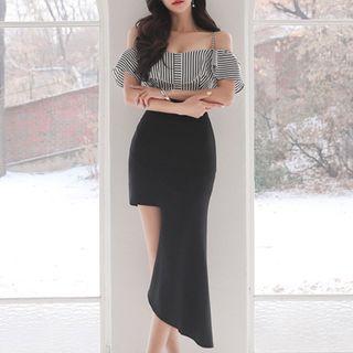 Off Shoulder Short-sleeve Asymmetric Sheath Dress