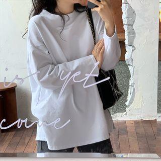 Long-sleeve Plain Loose-fit T-shirt White - One Size