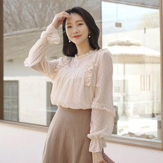 Frilled Smocked-trim Dotted Blouse Beige - One Size