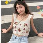 Flower Embroidered Cropped Knit Tank Top