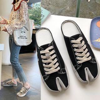Faux Leather Split Toe Lace-up Accent Mules
