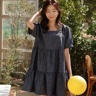 Square-neck Tiered Denim Dress