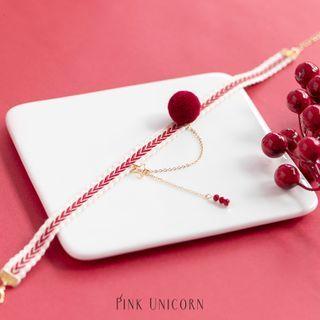 Asymmetric Pom Pom Chained Fabric Layered Choker Red Chocker - One Size