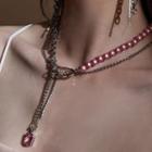 Faux Pearl & Chain Necklace Pink & Silver - One Size