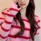 Set: Short-sleeve Striped Knit Top + Oversleeves Pink & Red - One Size