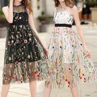 Embroidered Mesh Panel Sundress