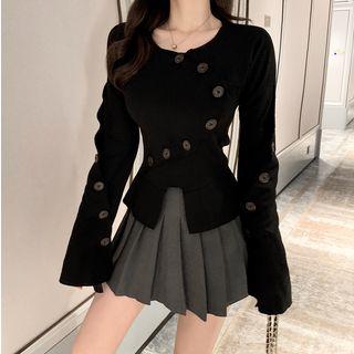 Bell-sleeve Button Accent Split Hem Top / High-waist Pleated Skirt
