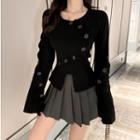 Bell-sleeve Button Accent Split Hem Top / High-waist Pleated Skirt