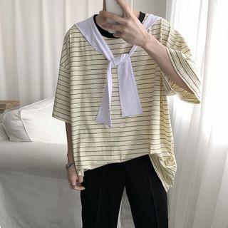 Striped Elbow-sleeve T-shirt With Cape