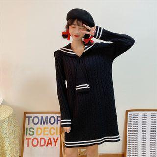 Collared Long-sleeve Cable-knit Dress